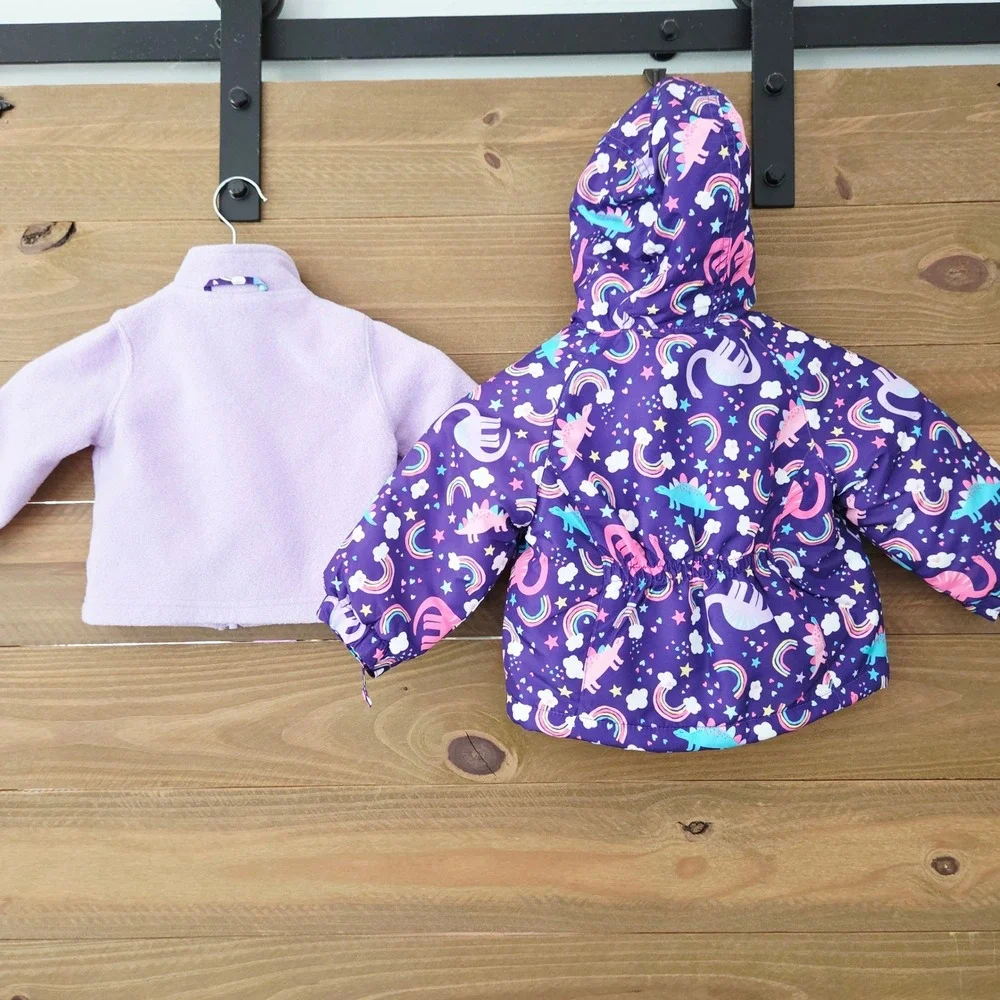 Carter's 3-in-1 Winter Jacket Purple Rainbow Dinosaur Print Toddler Girl 18M